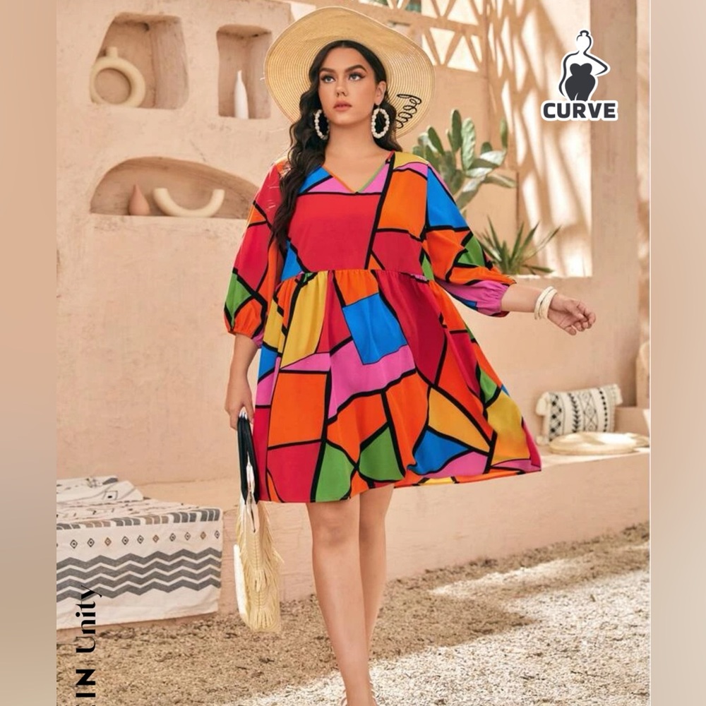 SHEIN Unity Plus Geo Print Lantern Sleeve Babydoll Dress